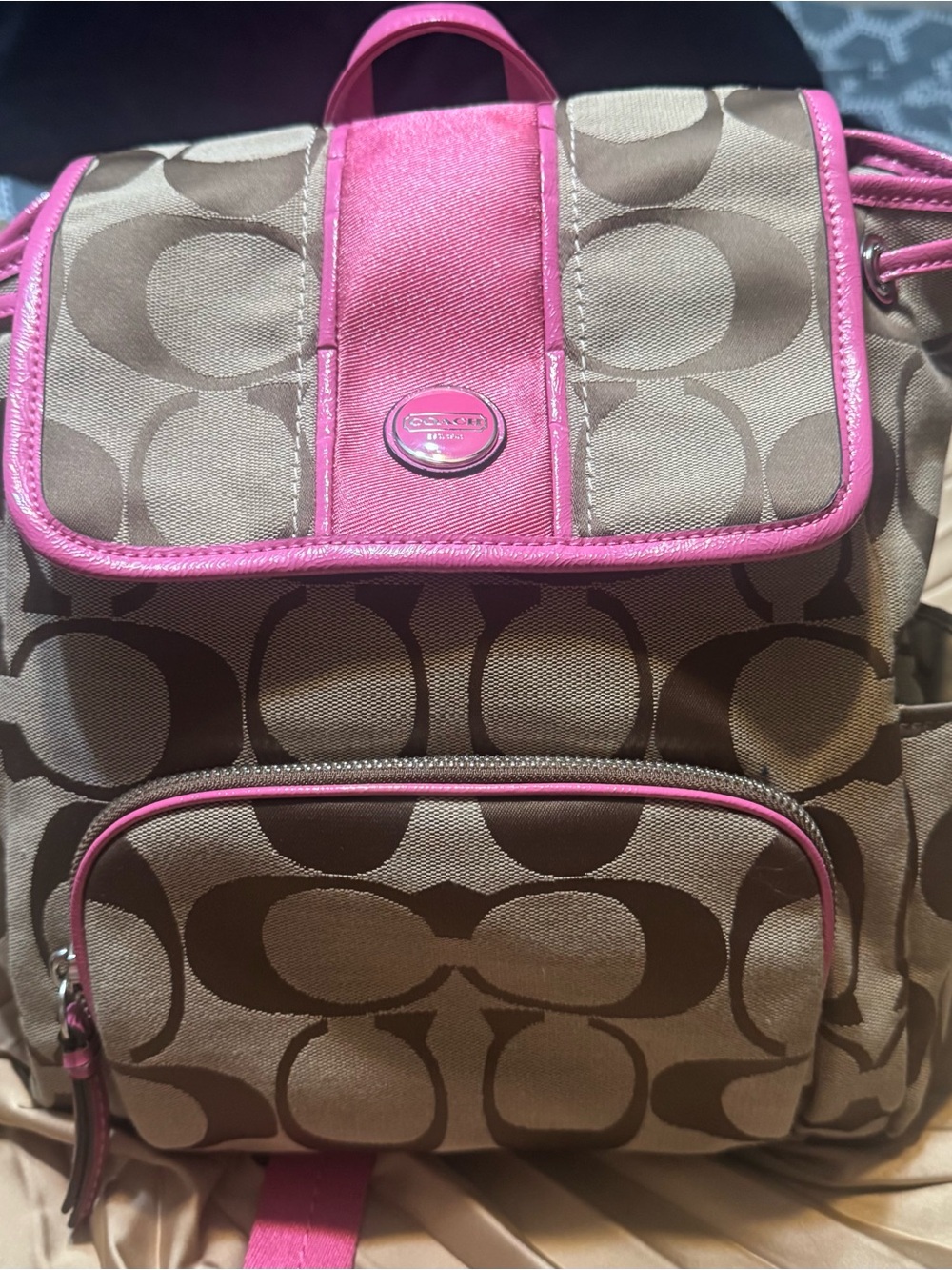 Coach Khaki Signature Canvas Backpack with Pink Trim